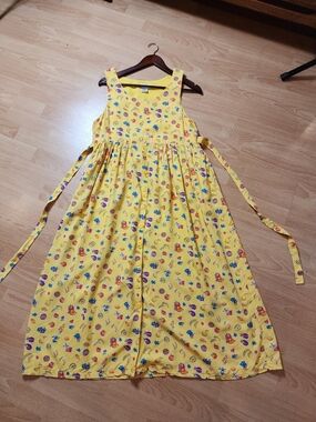 Talbots Fruit Floral Print Yellow Sleeveless Button Belted Dress Pockets Rayon 4